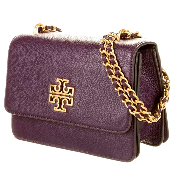 Tory Burch Cutout Logo Eggplant Leather Chain Shoulder Bag - Picture 1 of 17